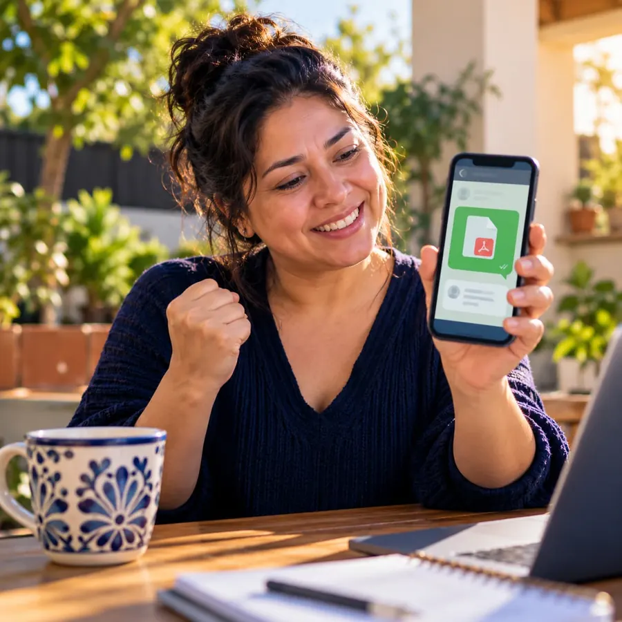 Mujer sonriente recibiendo su documento en PDF por WhatsApp